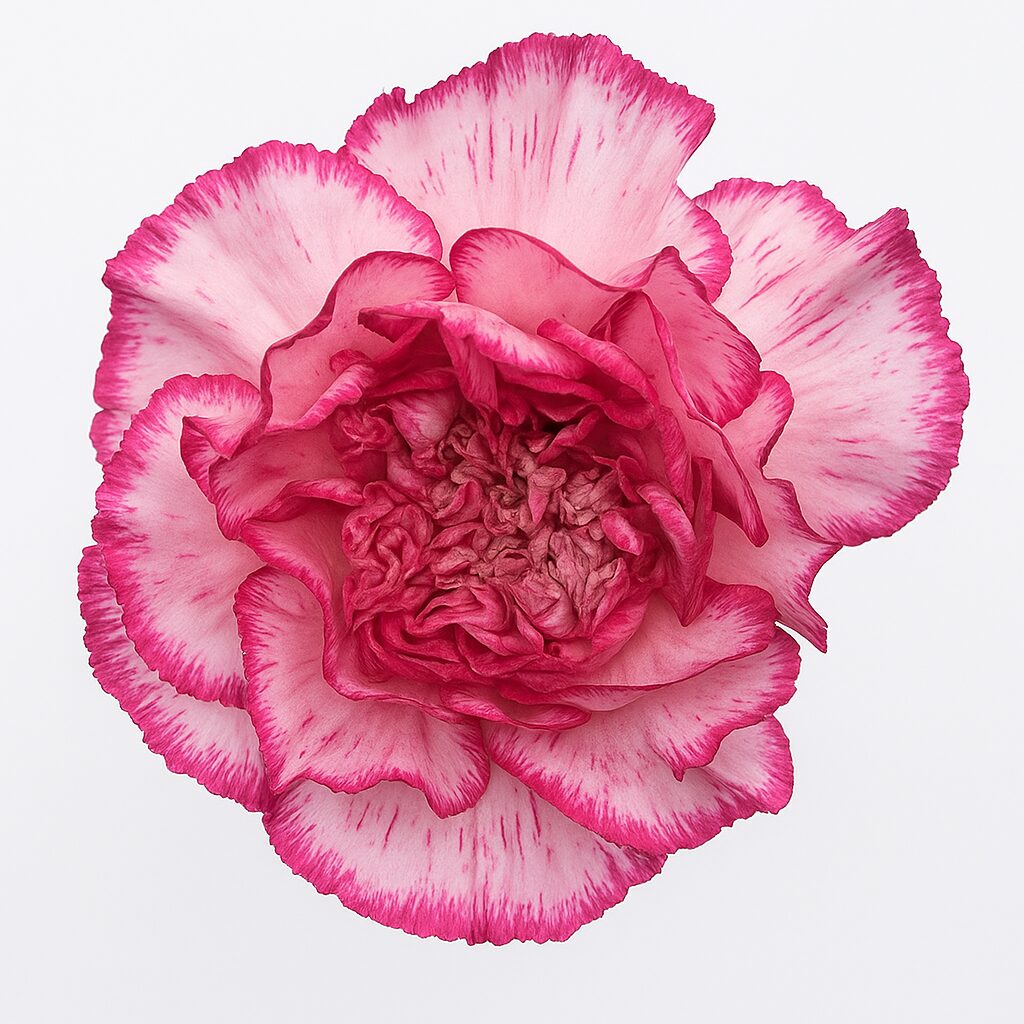 Close-up of a pink and white bicolor carnation bloom