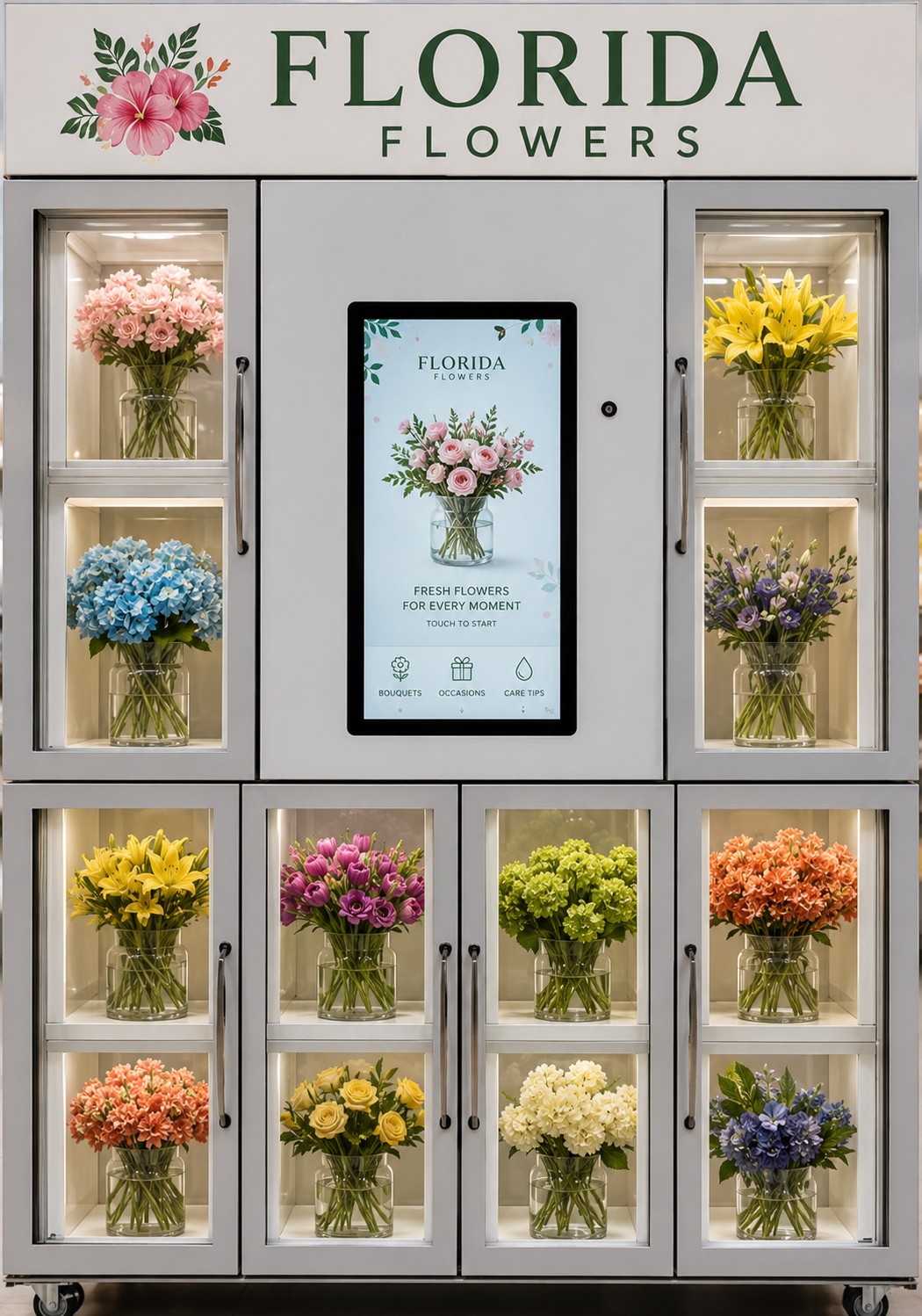 Florida Flowers vending machine with illuminated glass compartments of fresh bouquets and a touchscreen ordering display